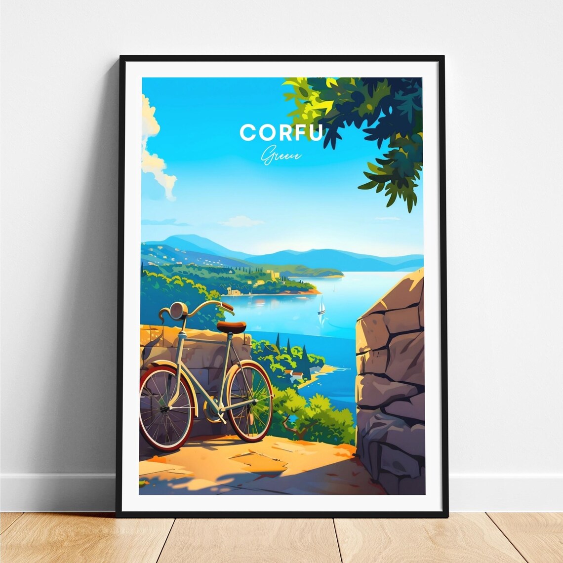 Corfu Greece Bicycle Overlook Sailboat Bay Summer Travel Poster