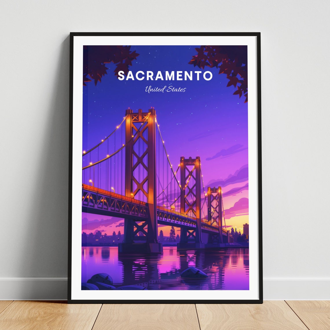 Sacramento Tower Bridge Night Purple Starry Sky River Poster