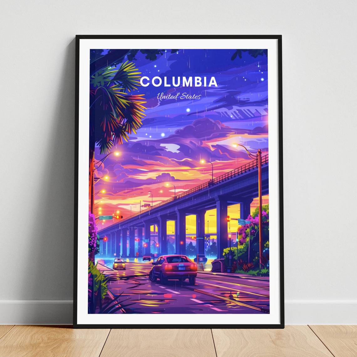 Columbia United States Neon Rainy Night under the Overpass Poster