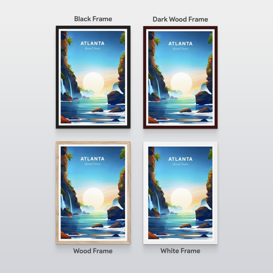 Atlanta Georgia Tropical Cove Waterfall Sunset Shore Retro Poster - Image 2
