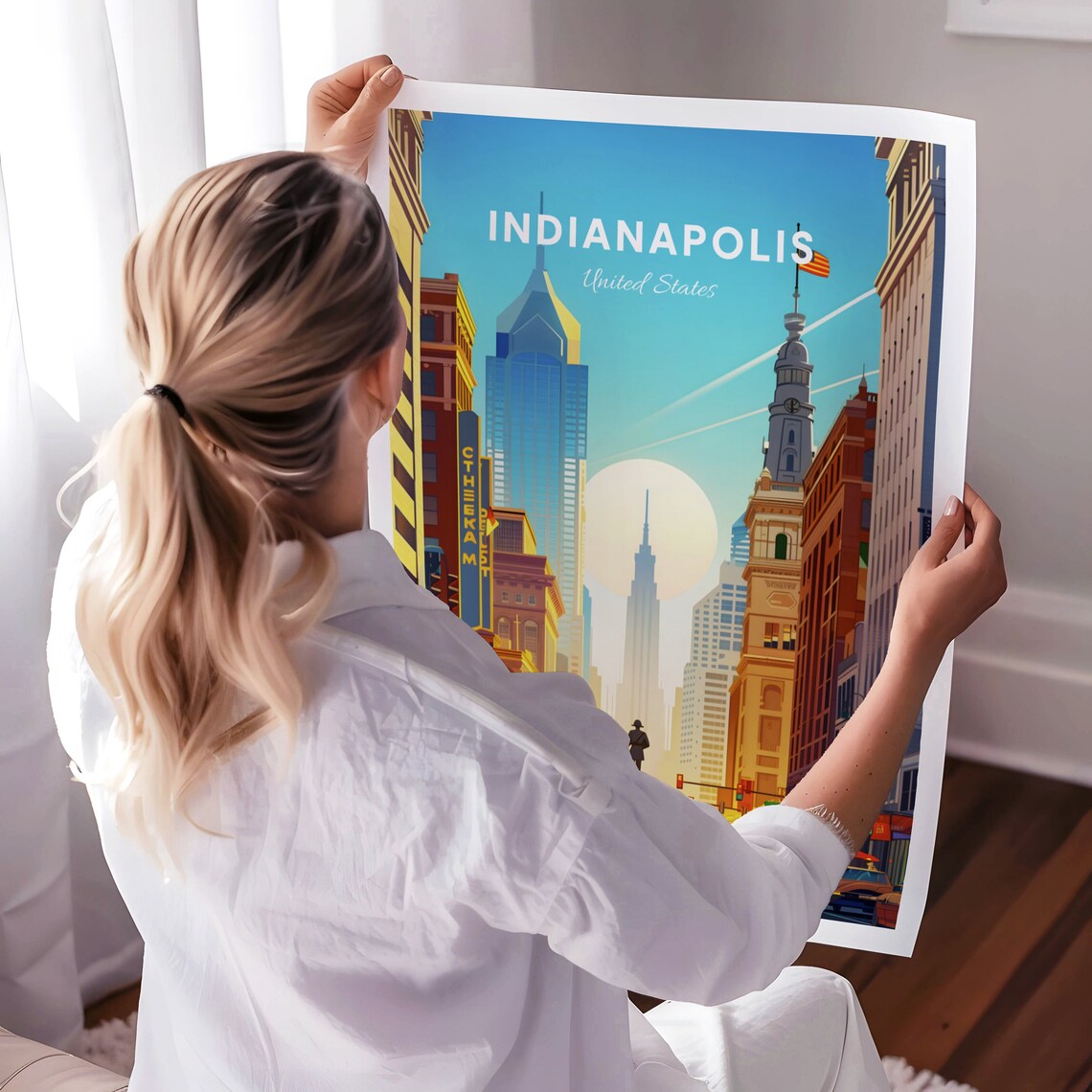 Indianapolis Downtown Street Scene Vibrant Illustrated Travel Poster - Image 3