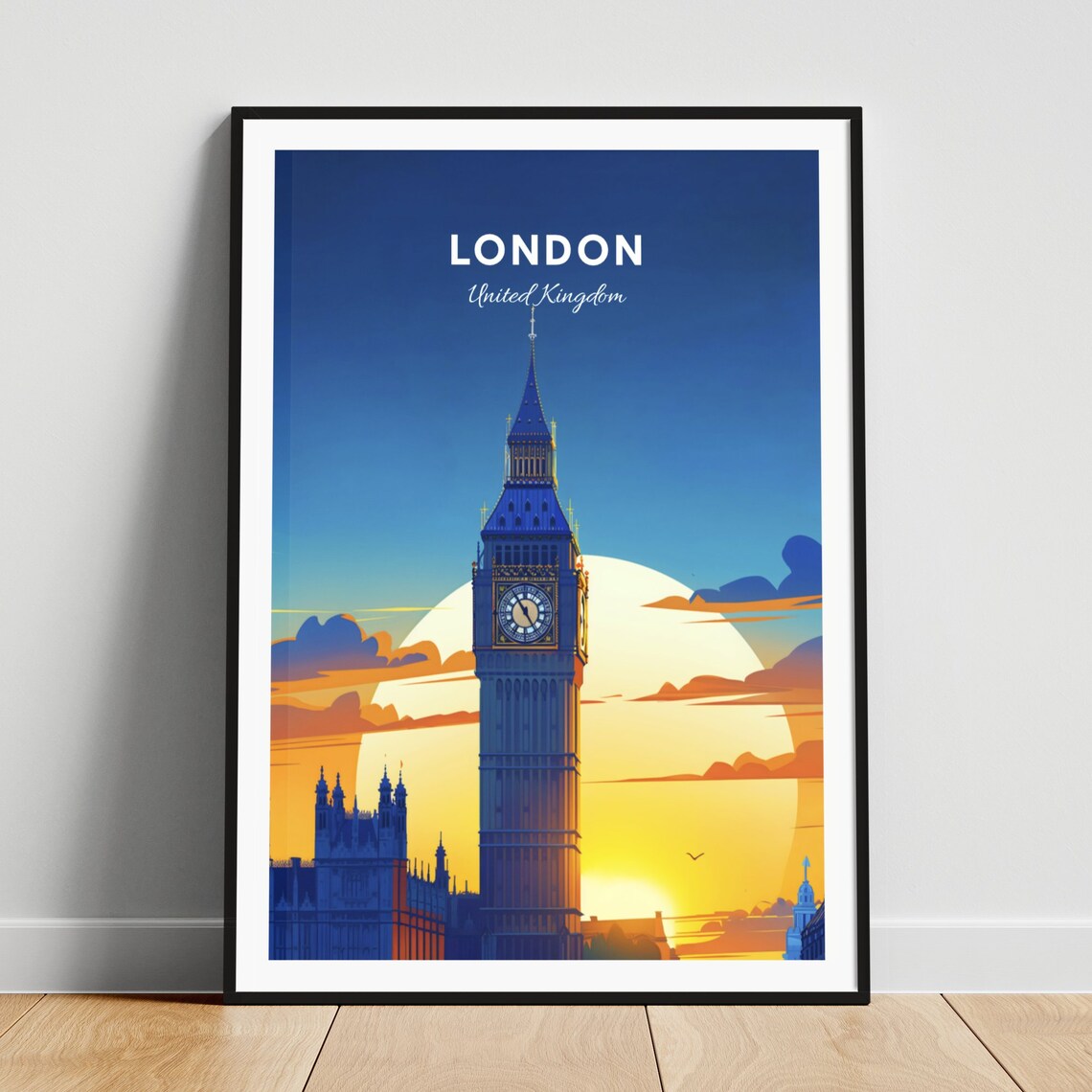 London England Big Ben Sunset Silhouette Thames Travel Poster