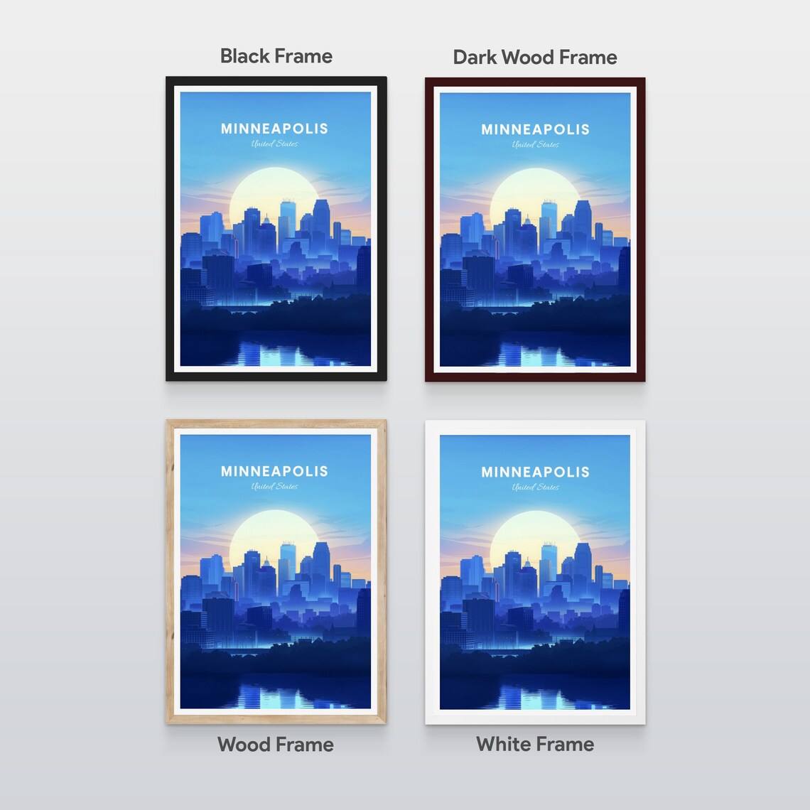 Minneapolis Minnesota Moonrise Skyline Water Reflection Travel Poster - Image 2