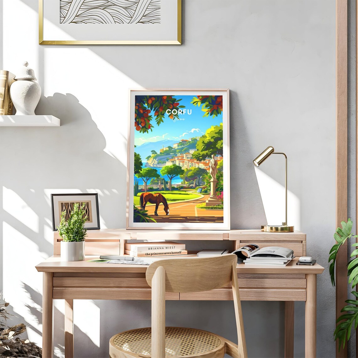 Corfu Greece Horse Statue Coastal Garden Illustration Poster - Image 4