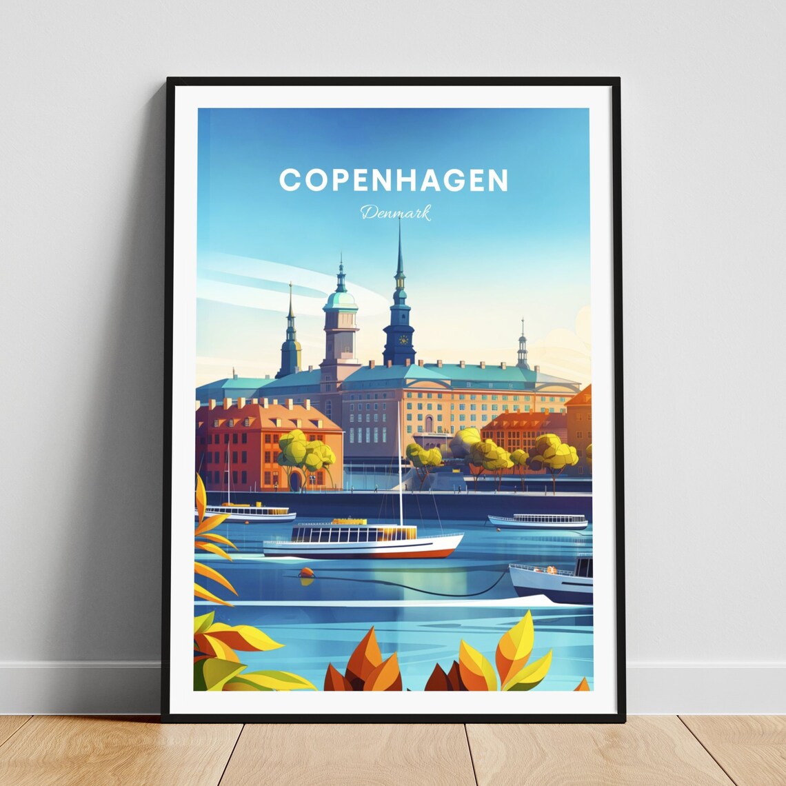 Copenhagen Denmark Harbor Spires Boats Autumn Leaves Travel Poster