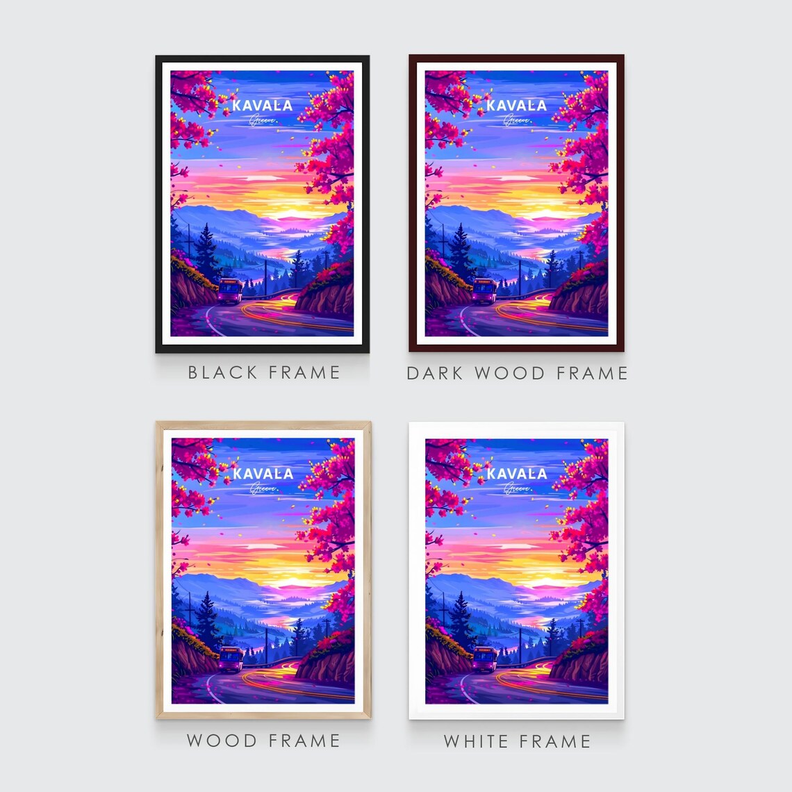 Kavala Greece Sunset Mountain Road Bus Pink Blossom Travel Poster - Image 3