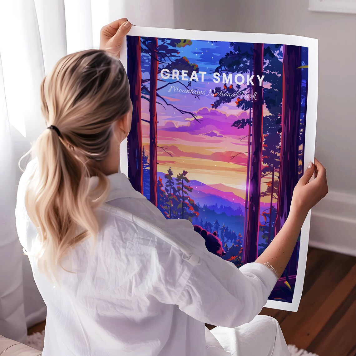 Great Smoky Mountains Black Bear Forest Sunset Travel Poster - Image 3