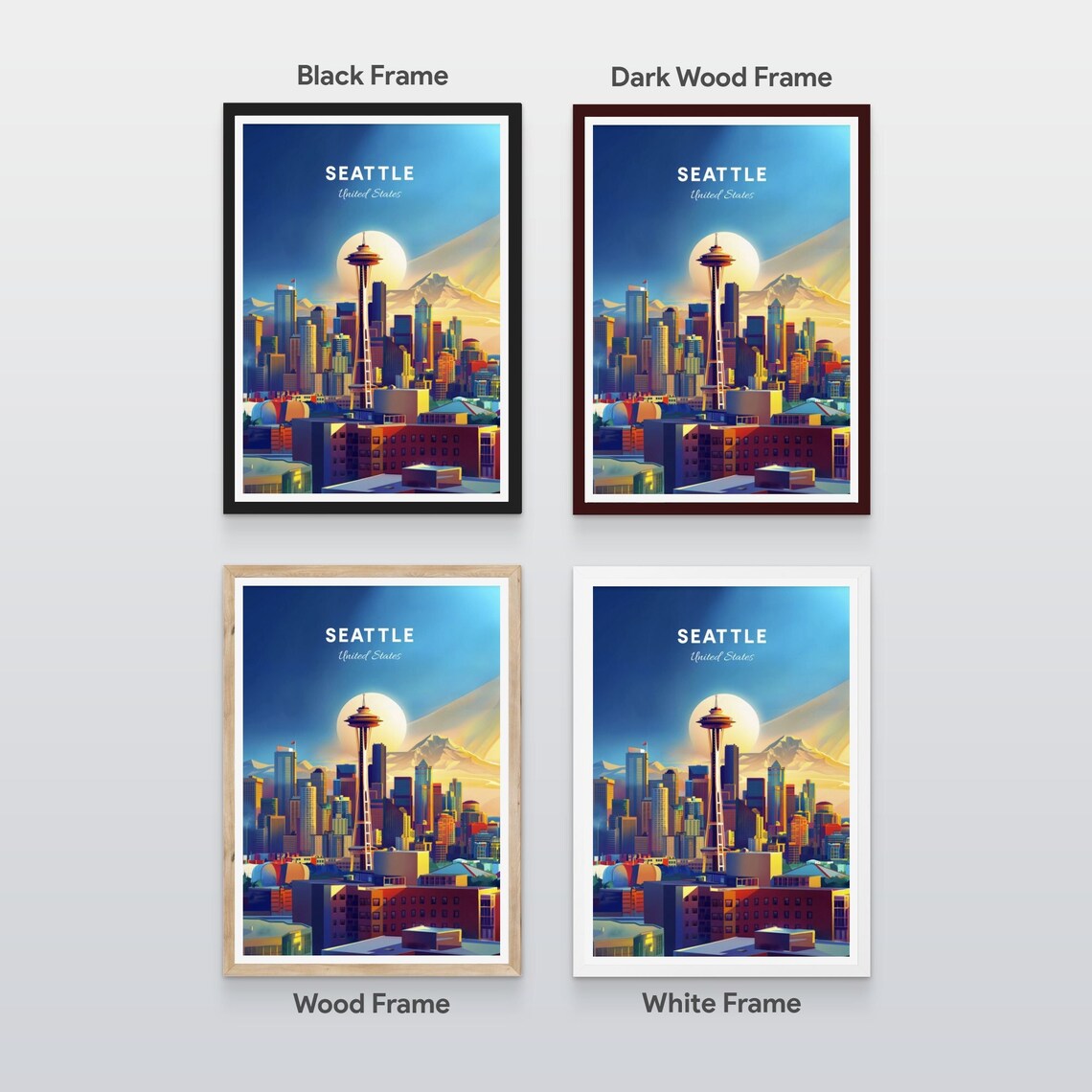 Seattle Space Needle Skyline Mount Rainier Sun Vintage Travel Poster - Image 2