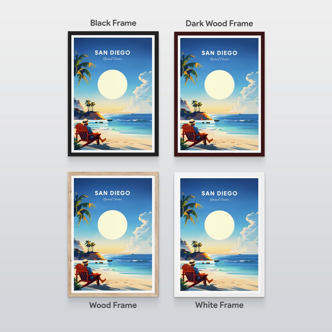 San Diego California Sunny Beach Chair Ocean Waves Travel Poster - Image 2