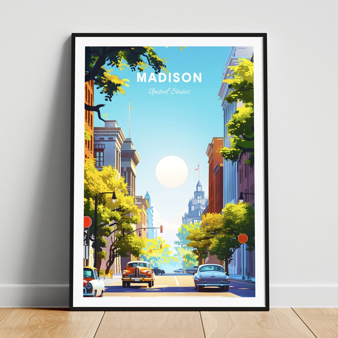 Madison Vintage Avenue Poster: Classic Cars and Historic Architecture