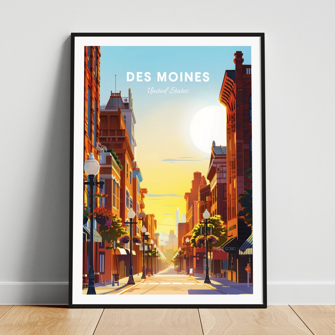 Des Moines Historic Brick Street Sunset Evening Travel Poster