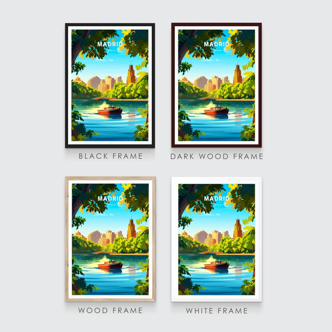 Madrid Park Lake Red Boat City Skyline Leafy Trees Travel Poster - Image 3
