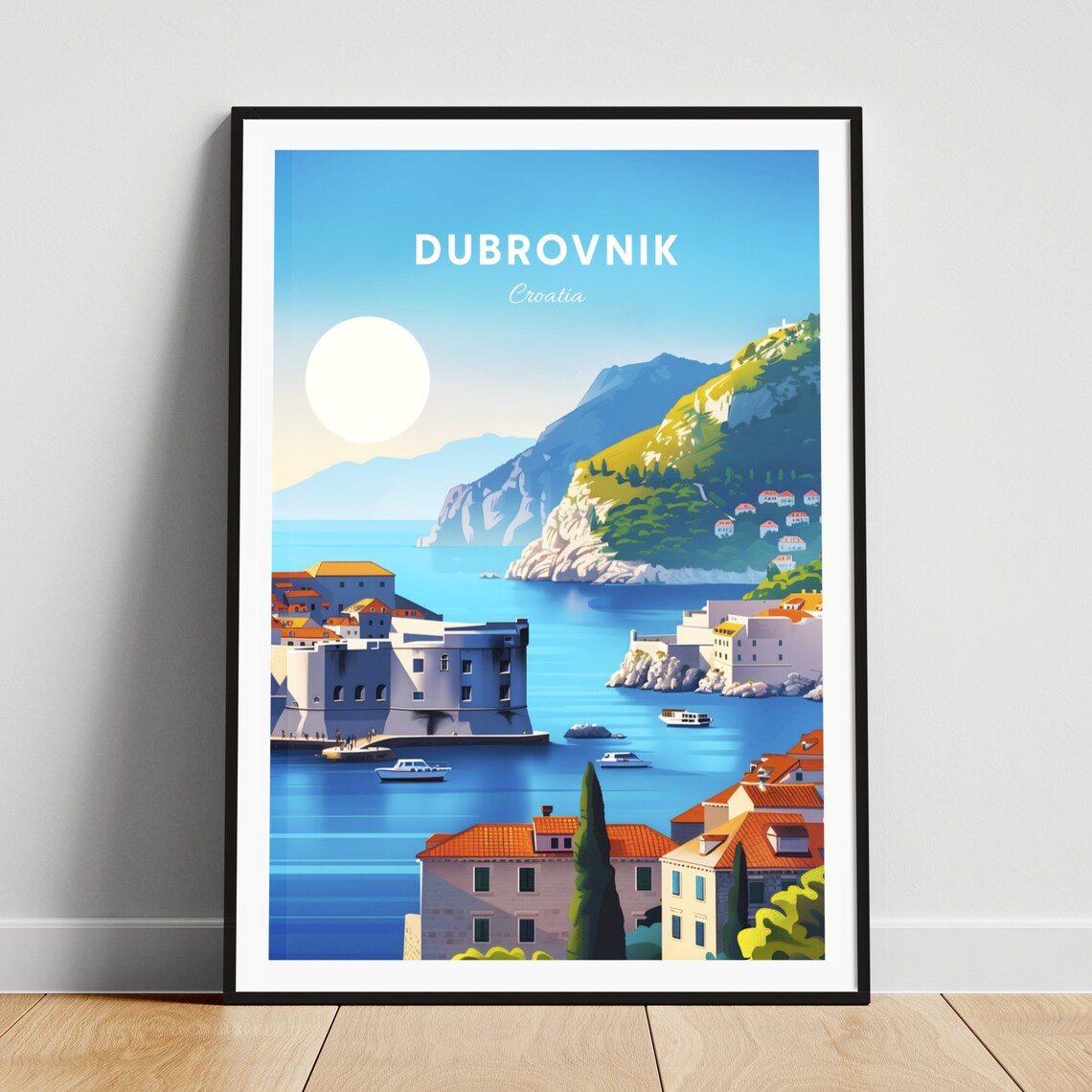 Dubrovnik Croatia Historic City Walls Harbor Boats Scene Poster