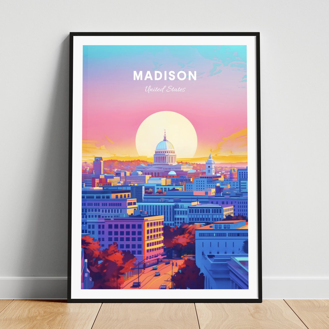 Madison Sunset Skyline Poster: Capitol Dome Beneath a Giant Rising Sun