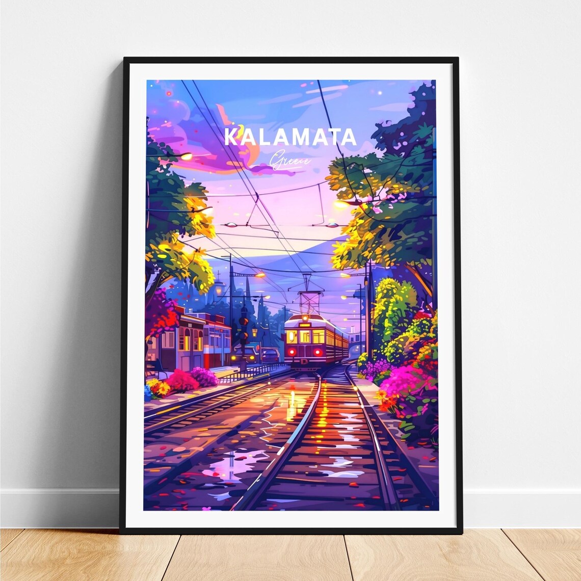 Kalamata Greece Tram Twilight Glowing Wet Tracks Travel Poster