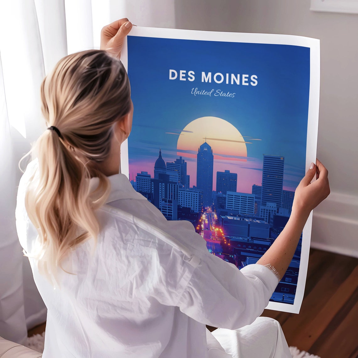 Des Moines Downtown Skyline at Night Light Trails Travel Poster - Image 3