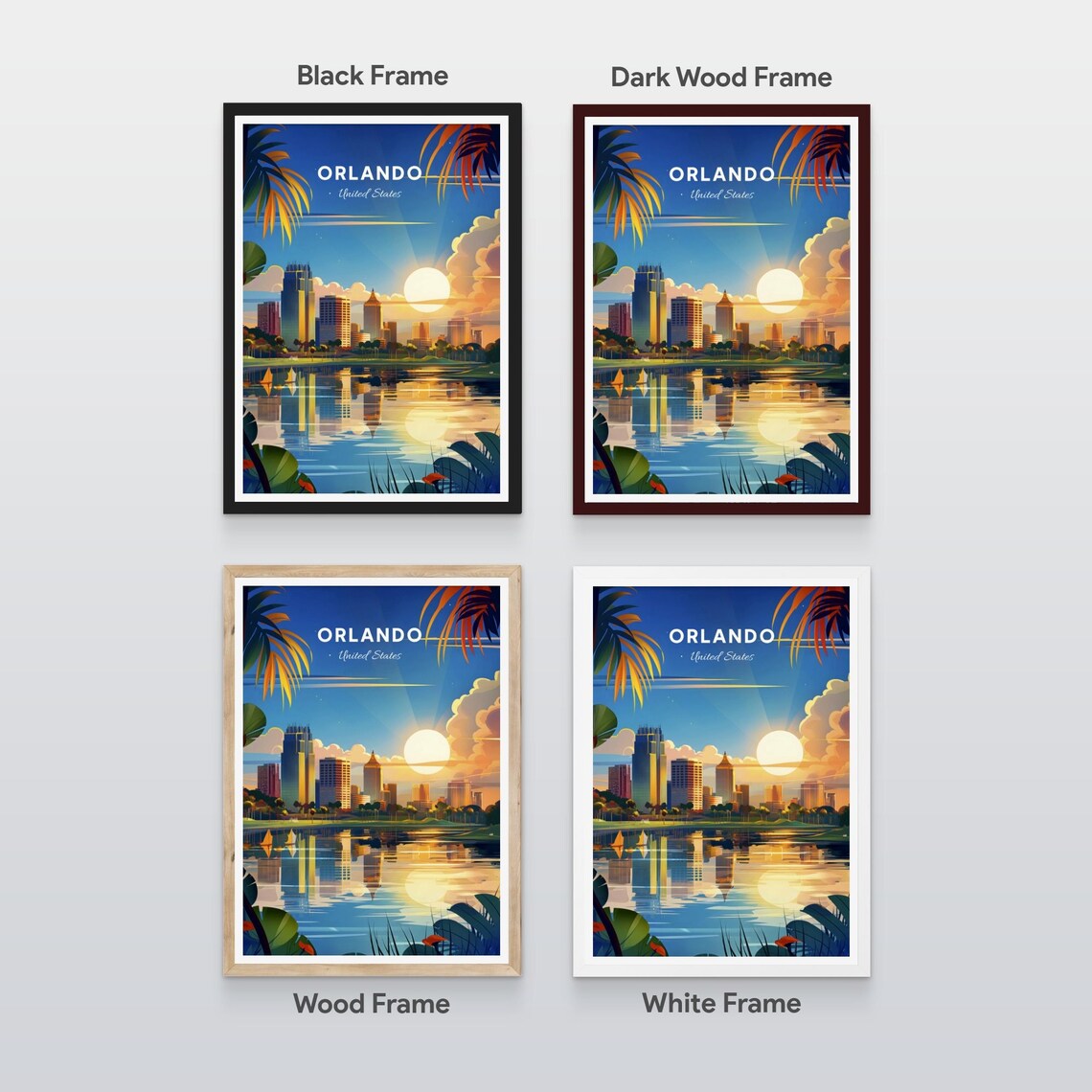 Orlando Downtown Skyline Sunset Lake Reflection Vintage Travel Poster - Image 2