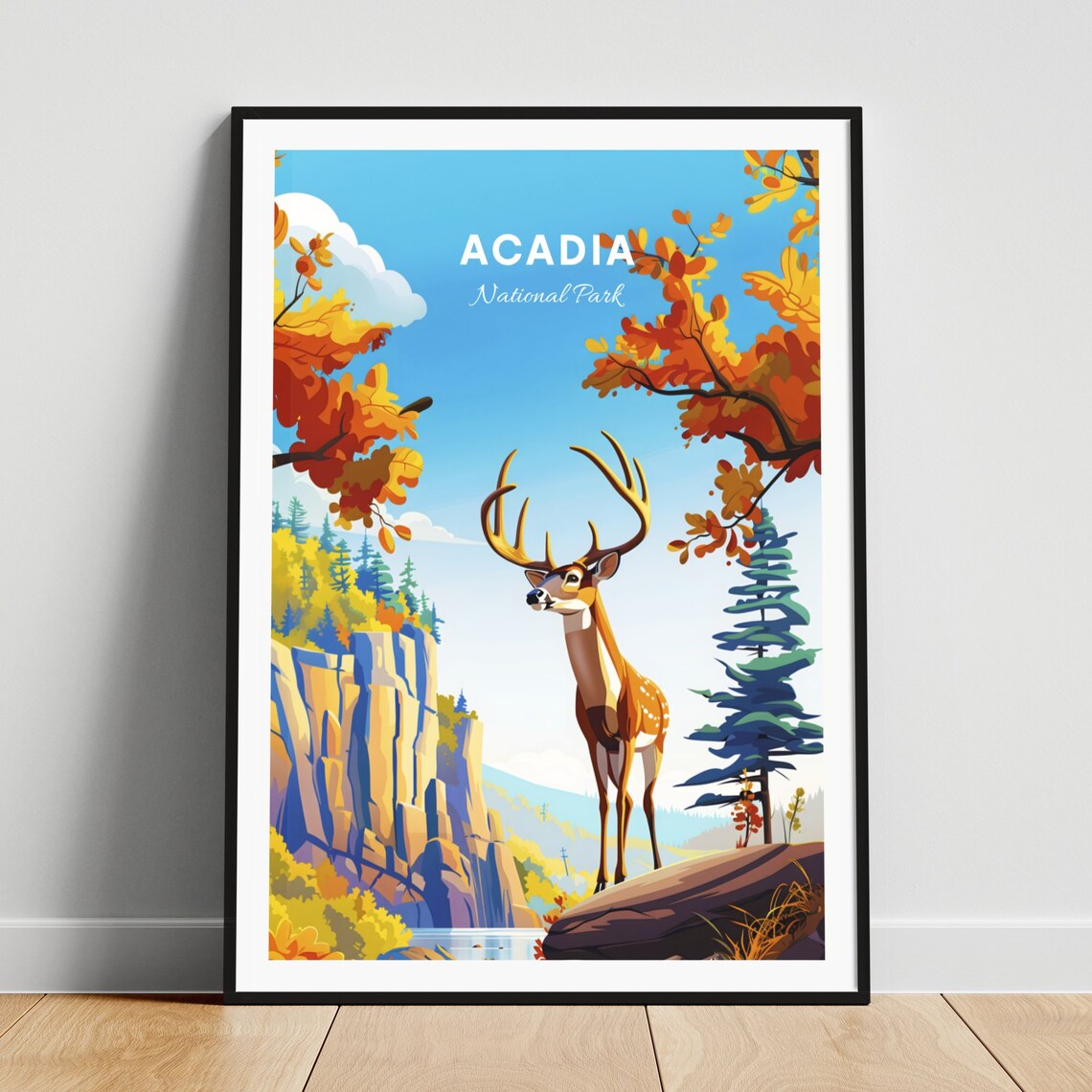 Acadia National Park Autumn Buck Rocky Coast Ocean Travel Poster