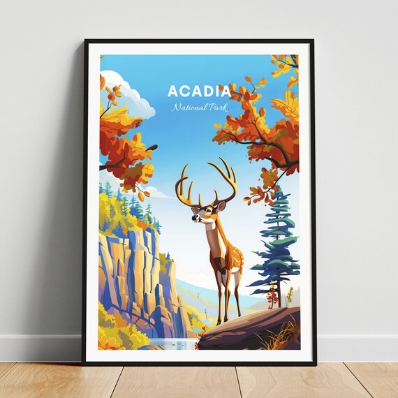 Acadia National Park Autumn Buck Rocky Coast Ocean Travel Poster