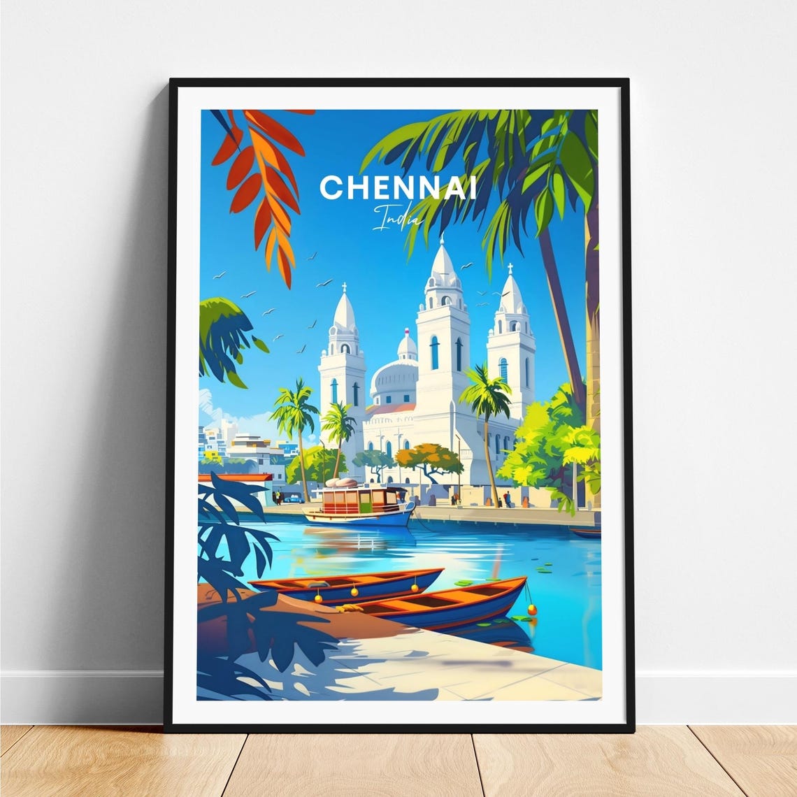 Chennai India White Seaside Church Harbor Boats Scene Travel Poster