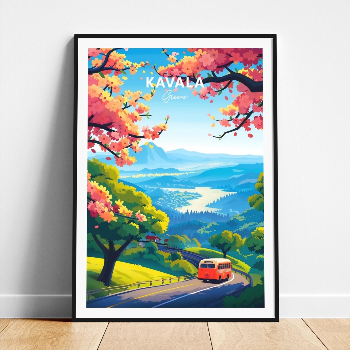 Kavala Greece Blossom Road Red Bus Scenic Mountain Travel Poster
