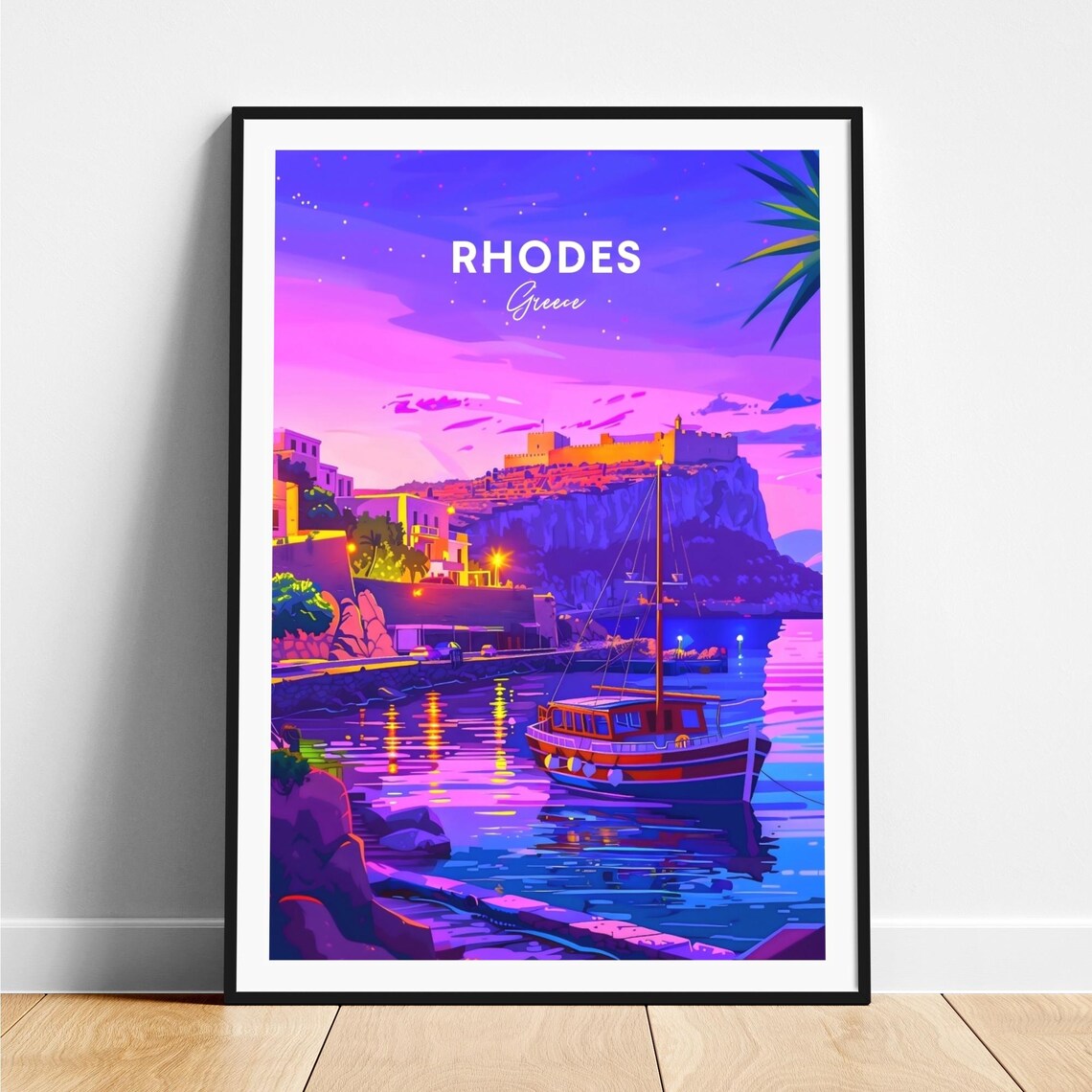 Rhodes Greece Night Harbor Fortress Lights Vintage Travel Poster