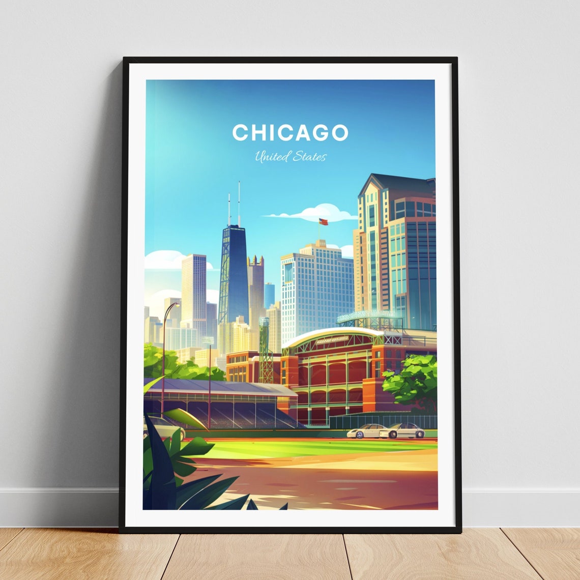 Chicago Illinois Brick Stadium Bleachers Skyline Summer Travel Poster