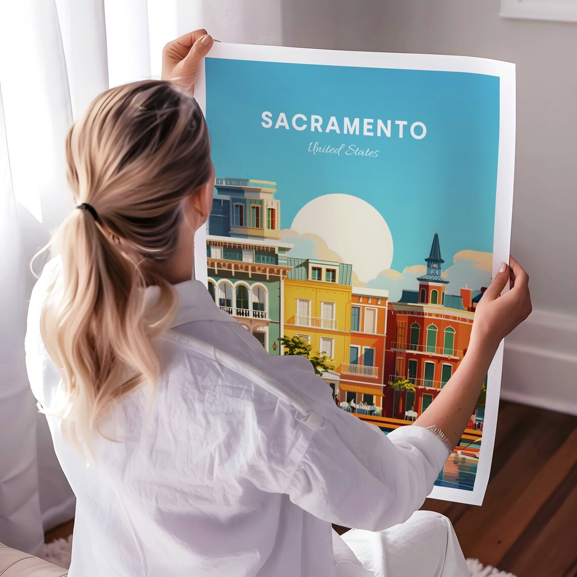 Sacramento Old Town Waterfront Buildings With Boats Day Poster - Image 3