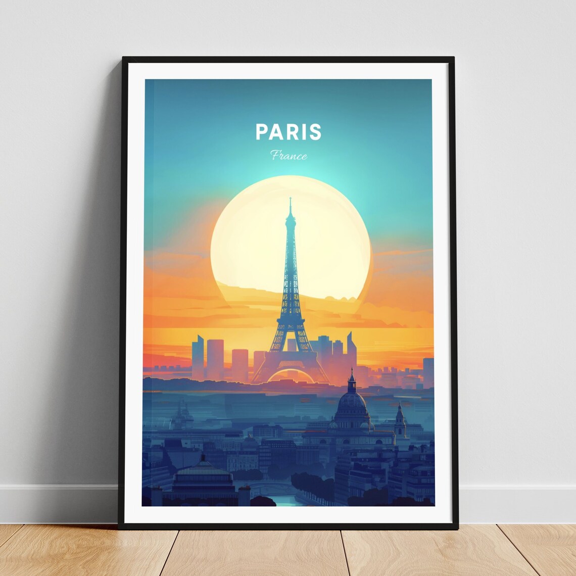 Paris France Eiffel Tower Sunset Over Rooftops Golden Travel Poster