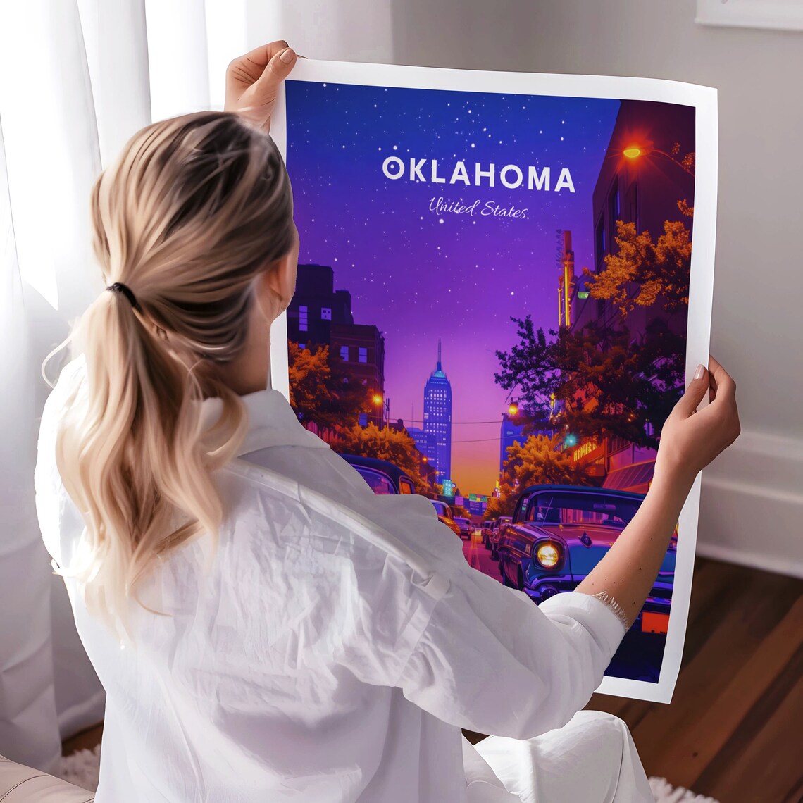 Oklahoma Night Street Neon Glow Classic Cars Starry Sky Travel Poster - Image 3