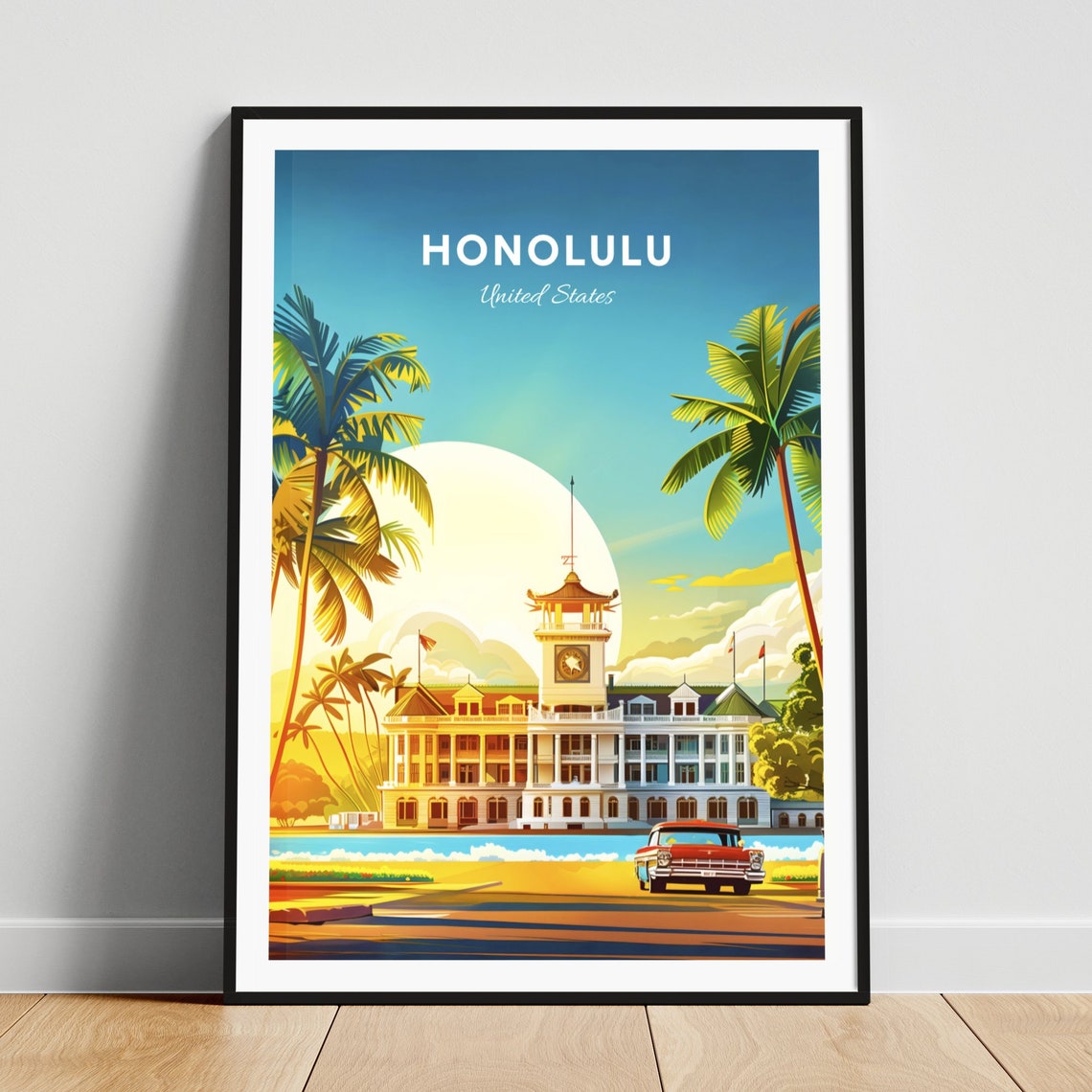 Honolulu Beachfront Historic Hotel with Palm Trees Travel Poster
