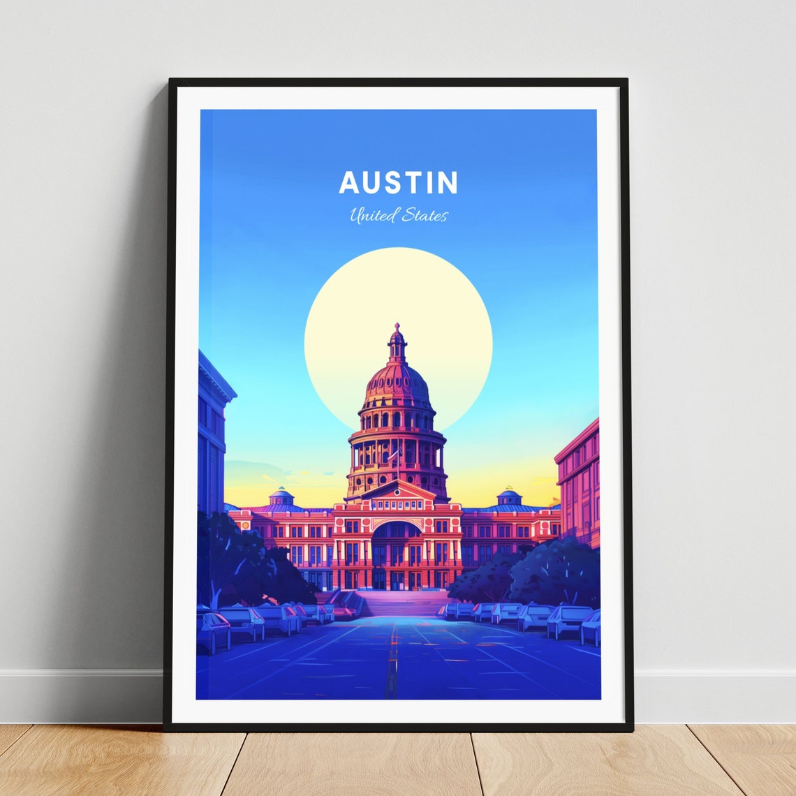 Austin Texas State Capitol Building Moonlit Night Travel Poster