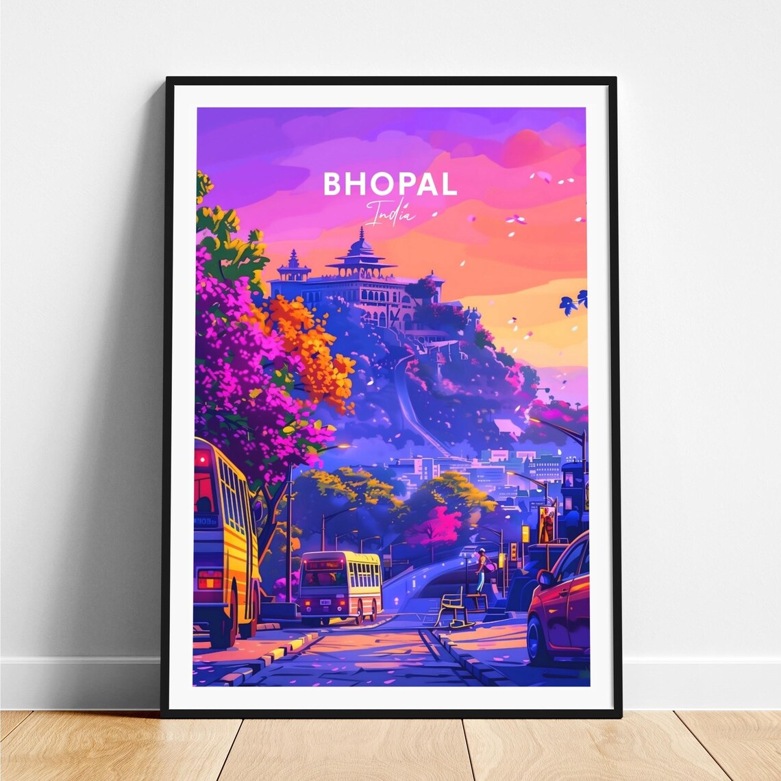 Bhopal India Hilltop Temple Sunset Pink Sky Street Travel Poster