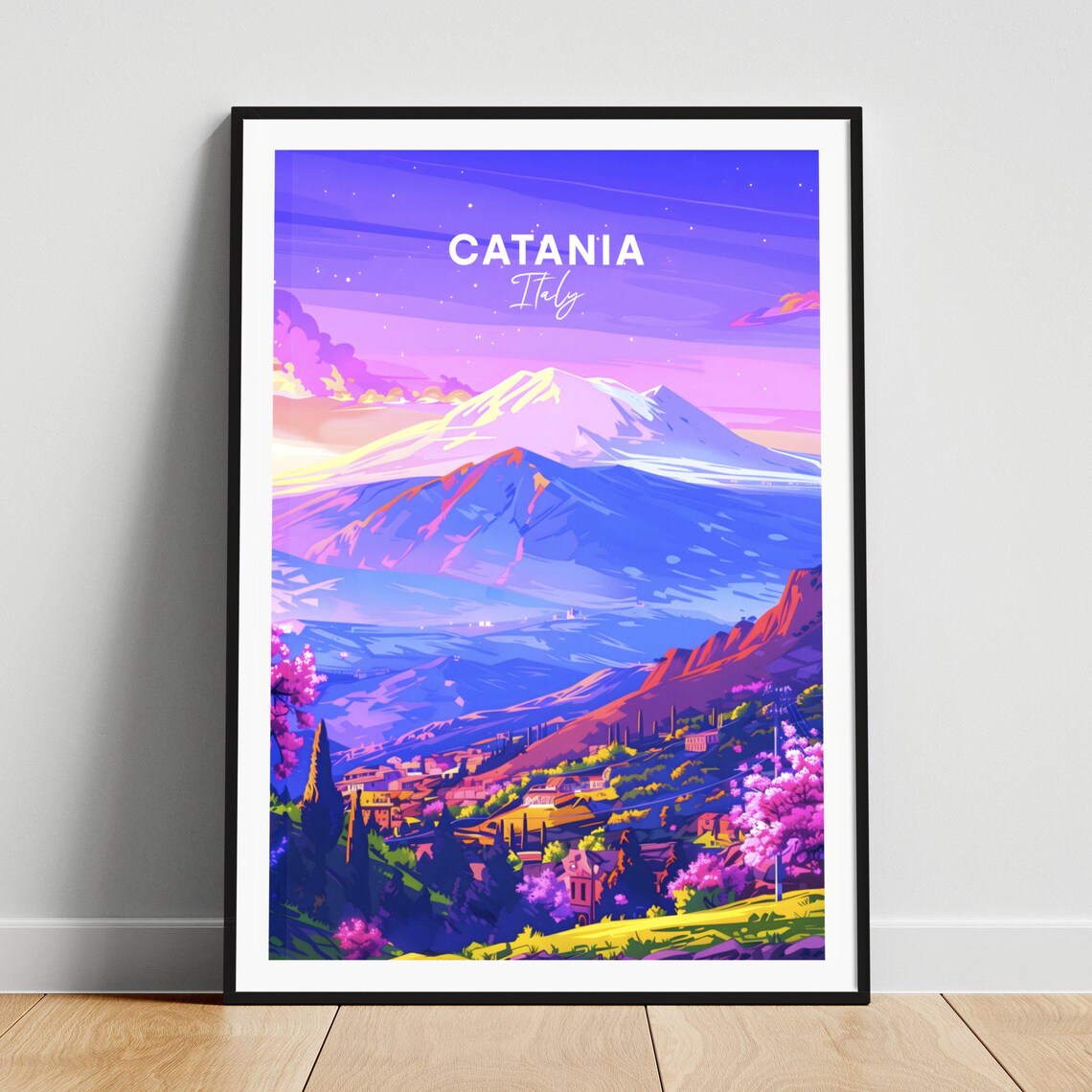 Catania Italy Mount Etna Twilight Village Blossom View Travel Poster