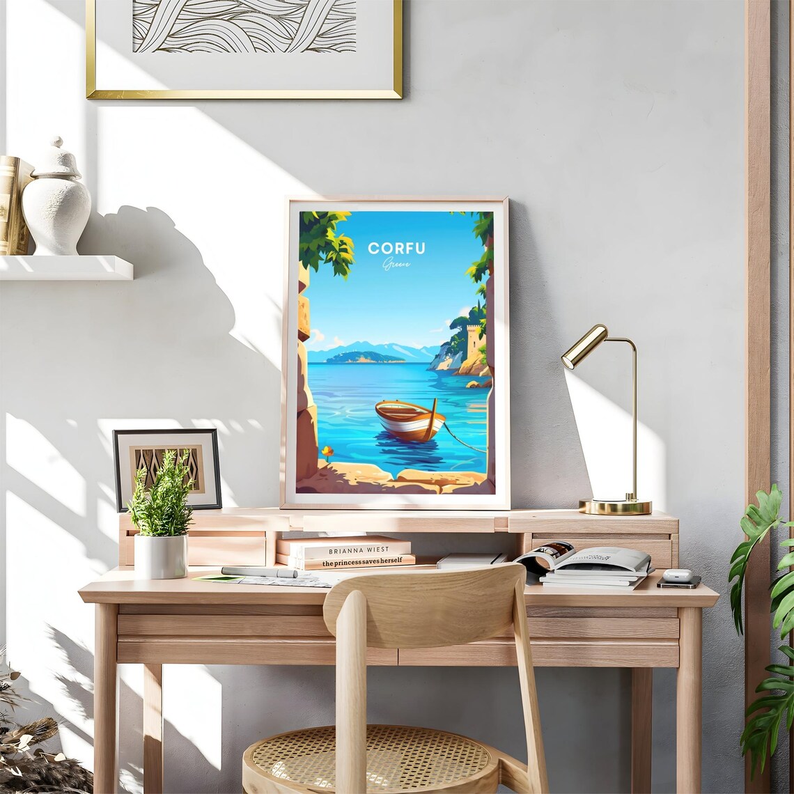 Corfu Greece Stone Arch Boat Tower Coastal View Travel Poster - Image 4