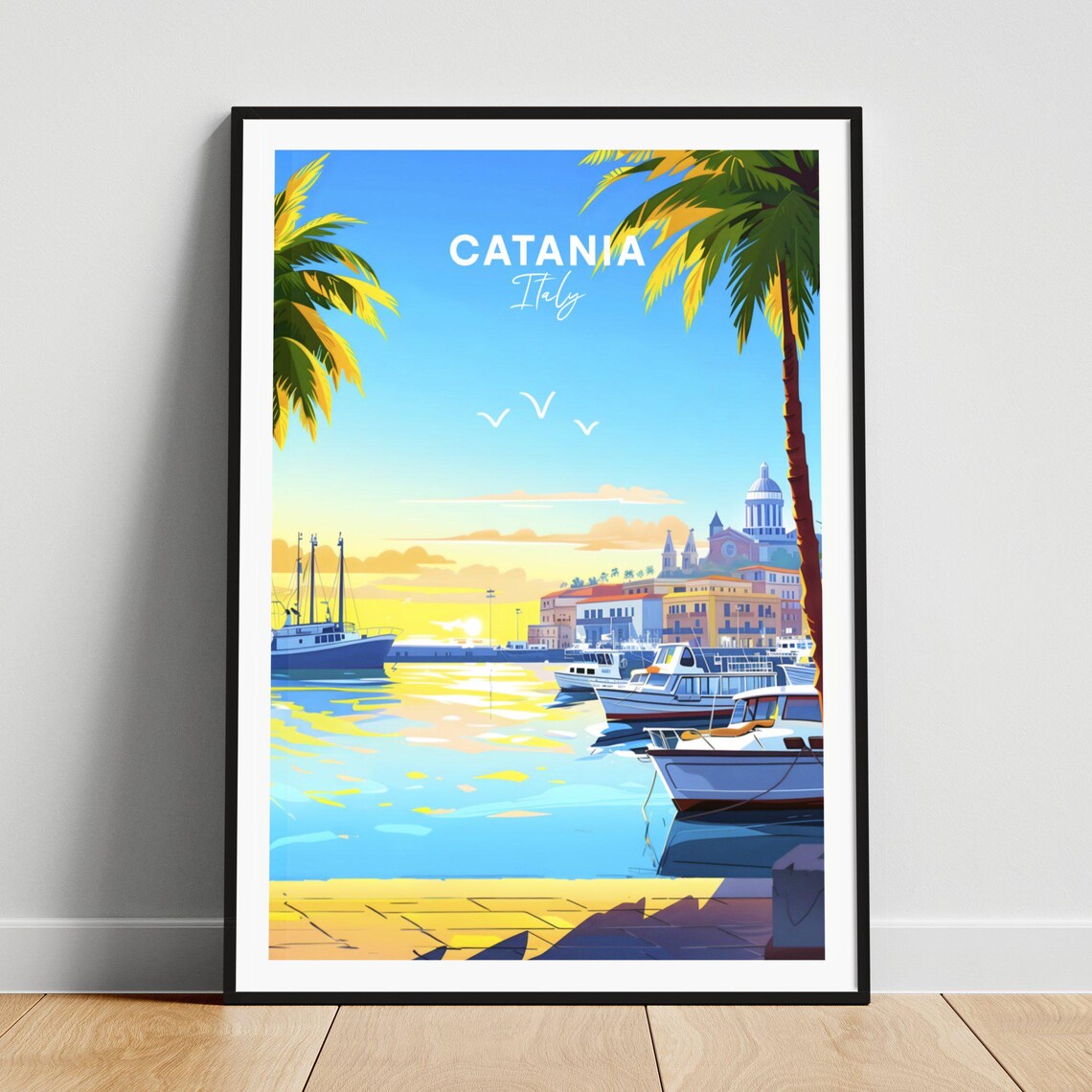 Catania Italy Sunny Harbor Boats Palms Sunrise View Travel Poster