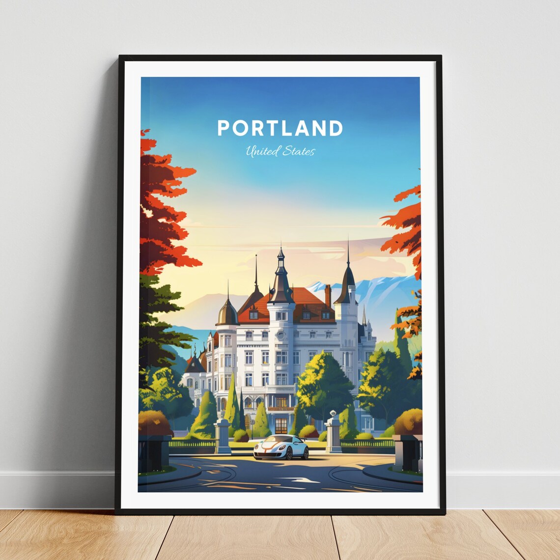 Portland Grand Chateau Mansion and Sports Car in Autumn Travel Poster