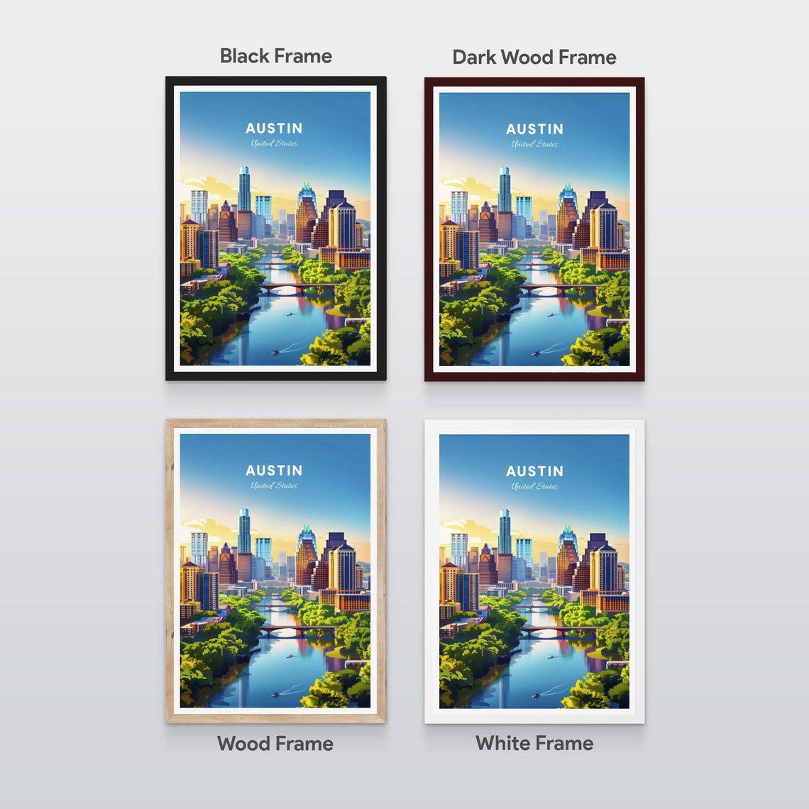 Warm Austin Texas Skyline Over River Bridges at Sunset Poster - Image 2