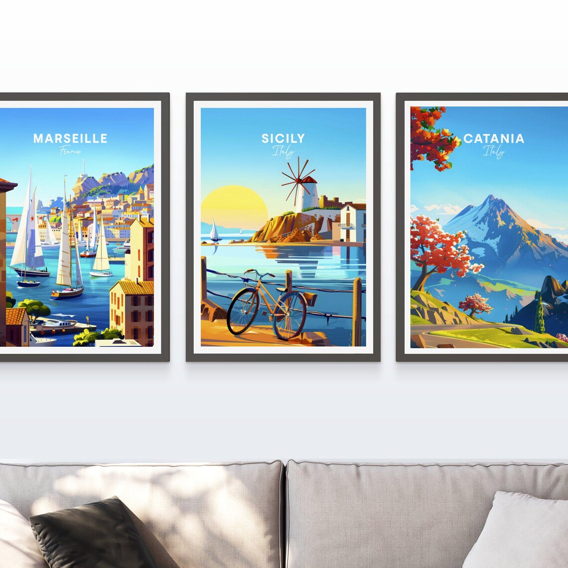 Sicily Italy Cliff Windmill Bicycle Sunset Harbor View Travel Poster - Image 3