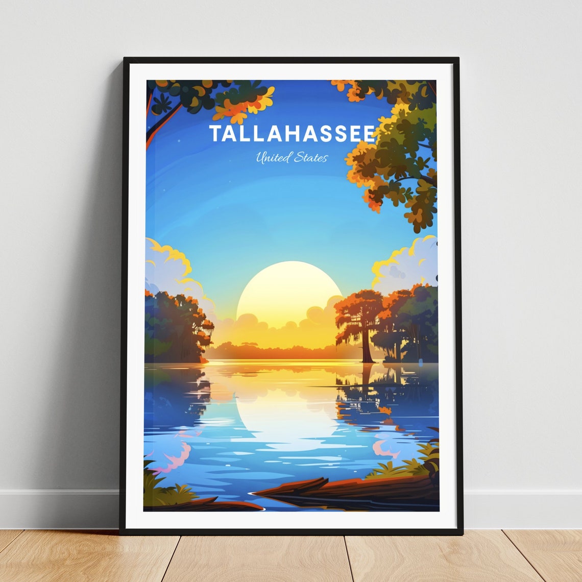 Tallahassee Florida Calm Lake Sunset Cypress Trees Scene Poster