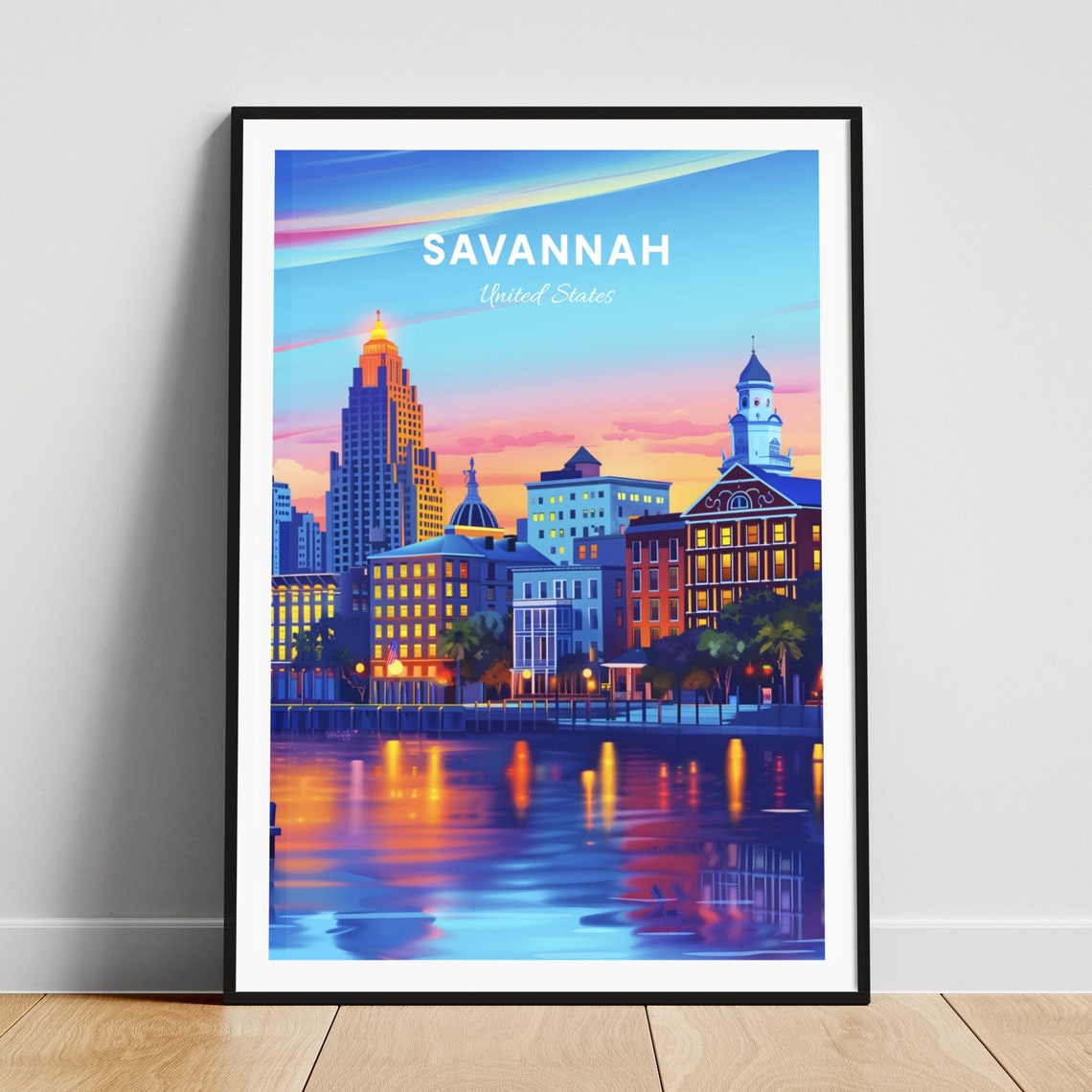 Savannah Riverfront Skyline Dusk Water Reflection Travel Poster