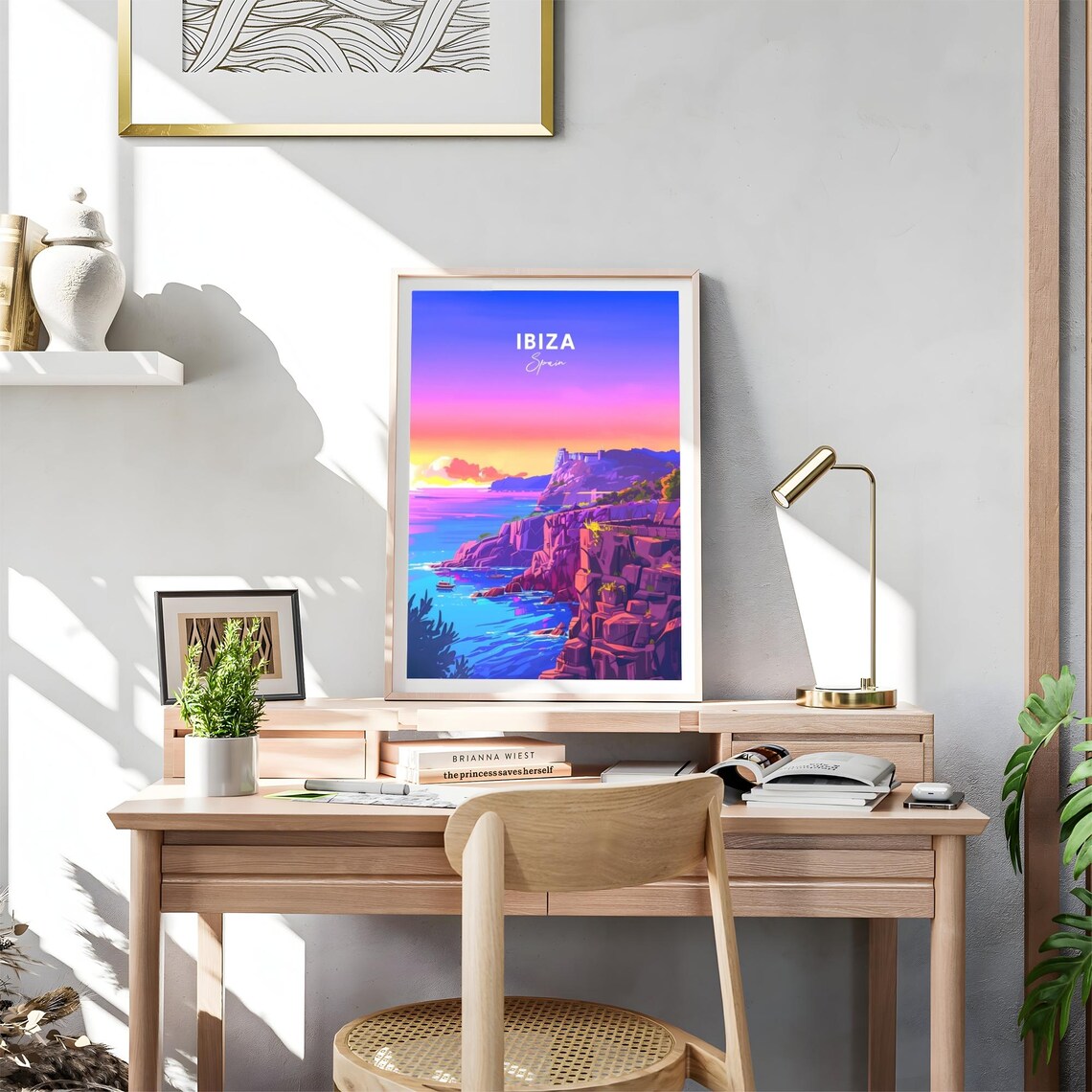 Ibiza Sunset Rocky Cliffs Hilltop Castle Fishing Boats Travel Poster - Image 4