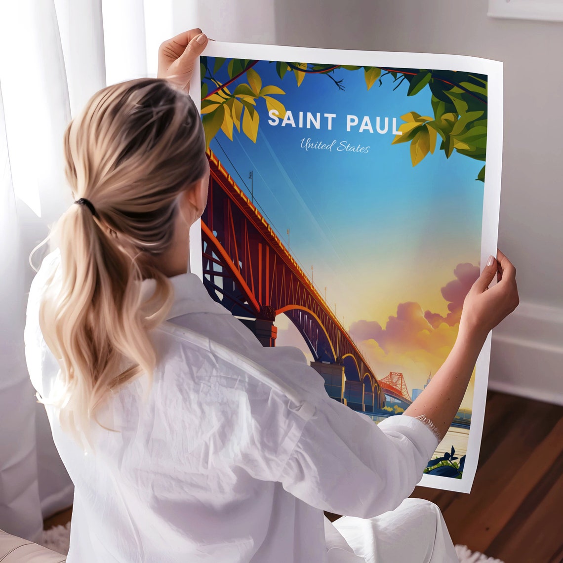 Saint Paul High Bridge Red Steel Arch Daylight River View Poster - Image 3