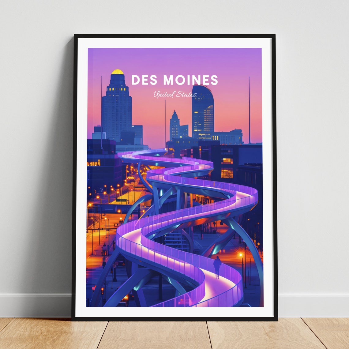 Des Moines Illuminated Skywalk Bridge at Night Travel Poster