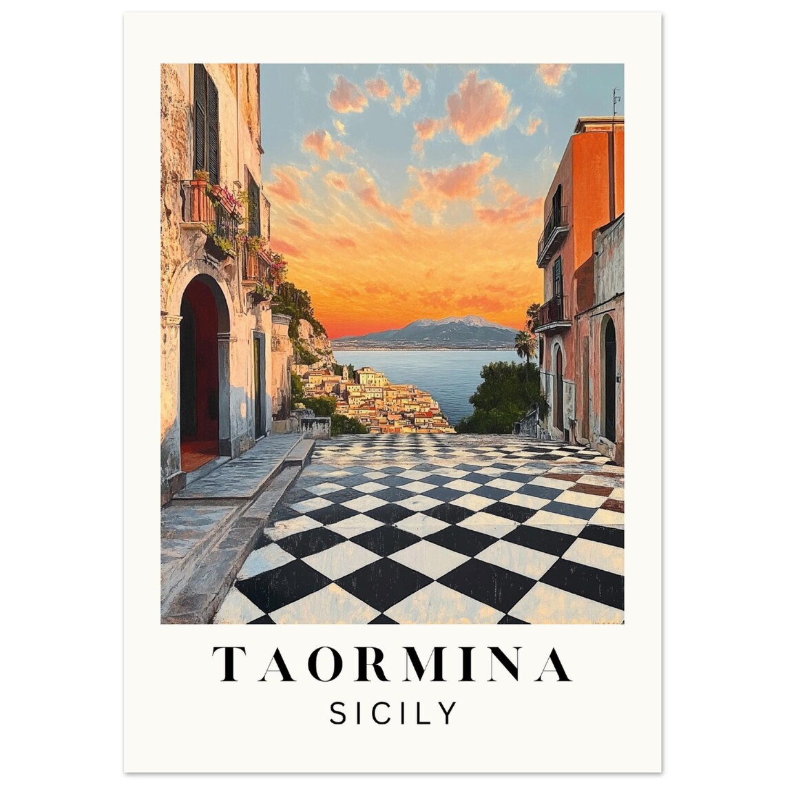 Taormina Sicily Travel Poster, Mediterranean Landscape