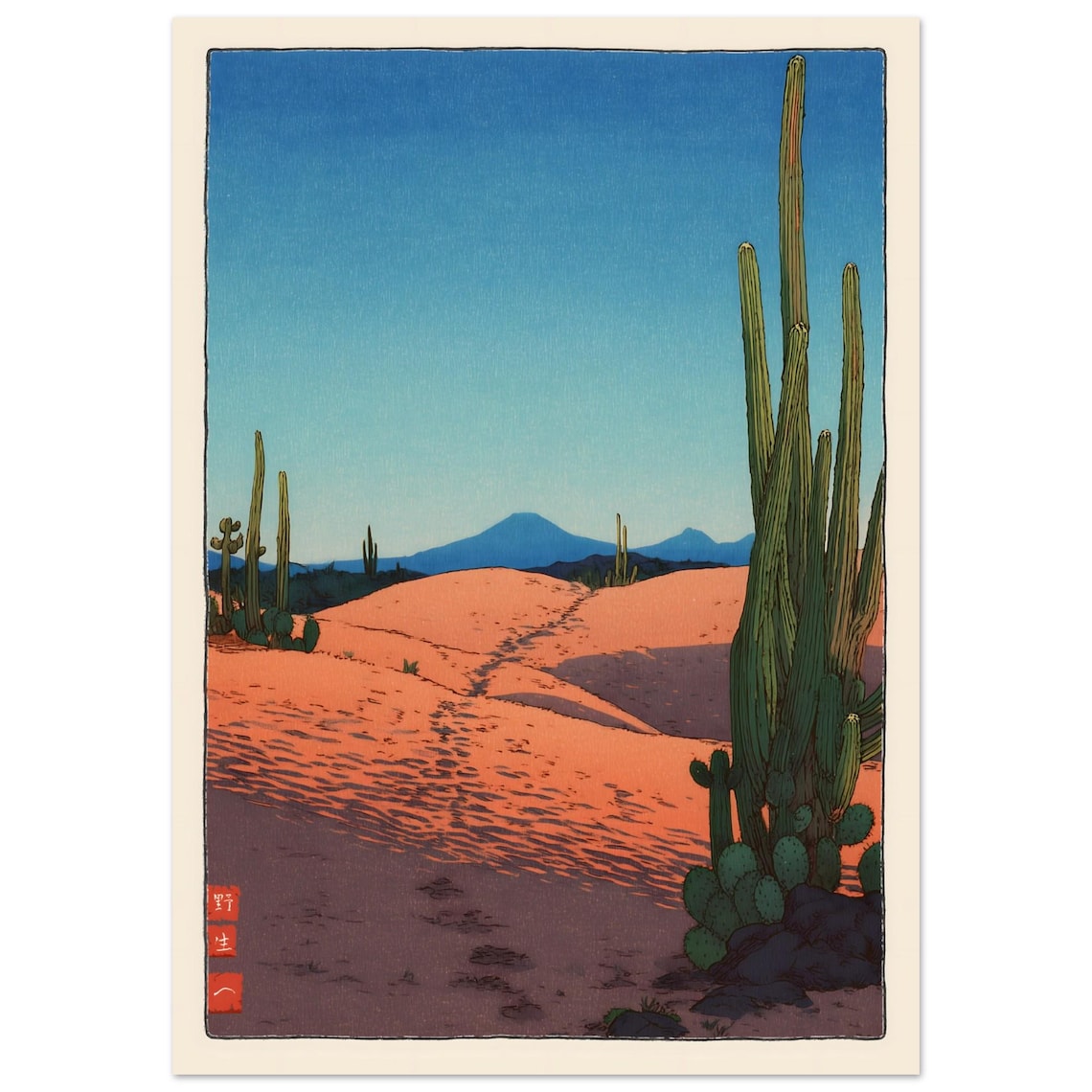 Desert Saguaro Cactus Japanese Woodblock Style Landscape Poster