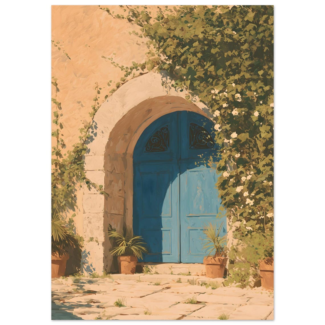 Mediterranean Blue Door Sunlit Archway Vine Flowers Courtyard Poster