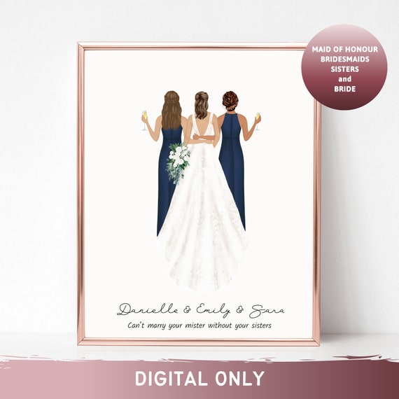 Danielle Emily and Sara Bridesmaid Trio Navy Portrait Poster Wedding Gift