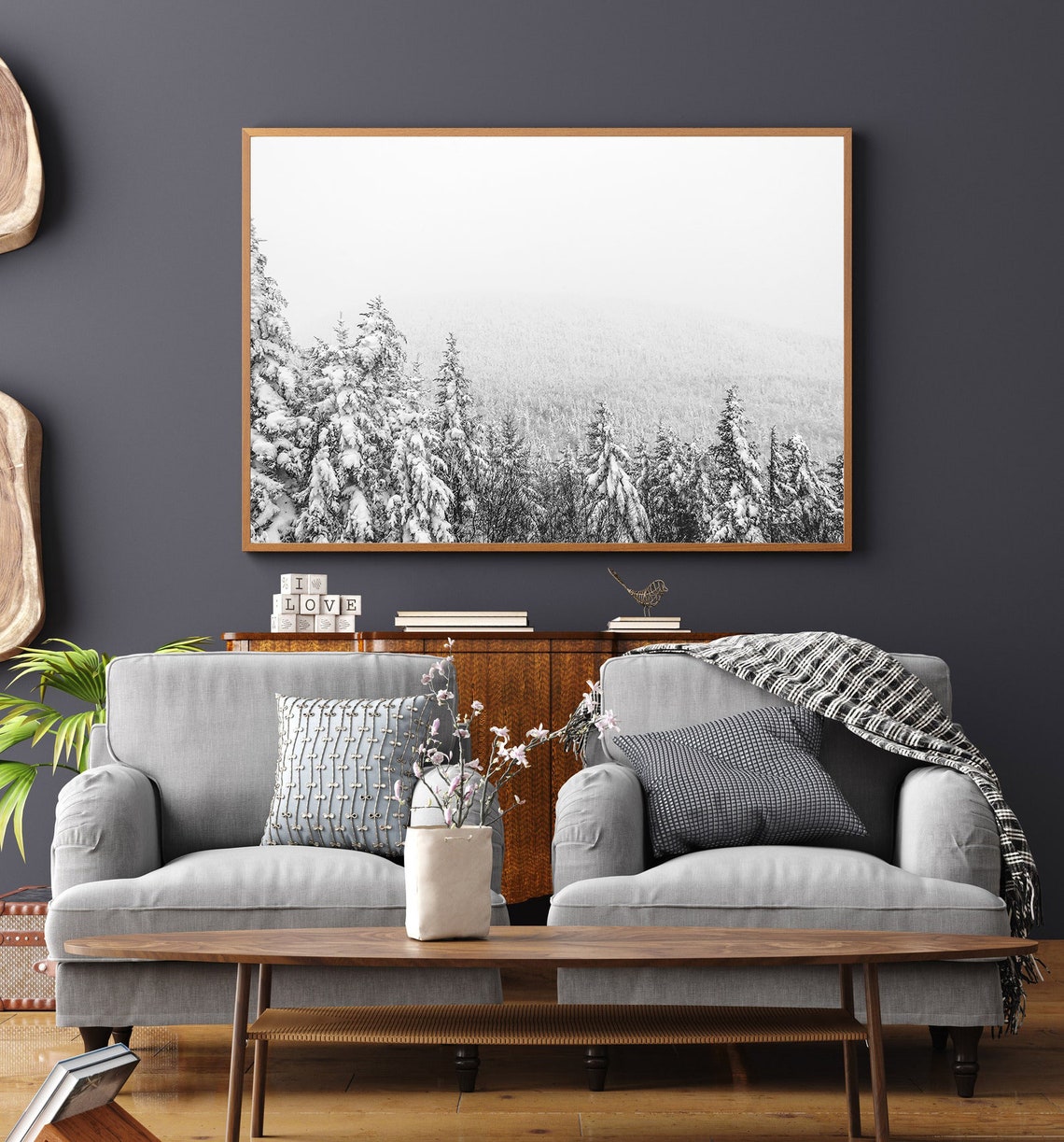 Black And White Snowy Pine Forest Winter Landscape Photo Poster - Image 2