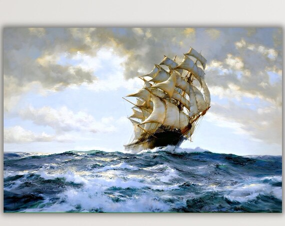 Tall Ship Clipper Full Sails Rough Sea Classic Marine Painting Poster